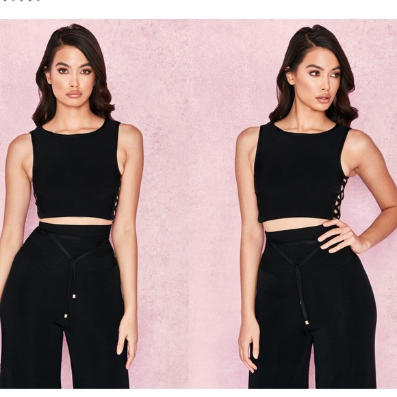 LIANDRA BLACK BANDAGE CROPPED TOP WITH CRISS CROSS - Picture 2 of 5